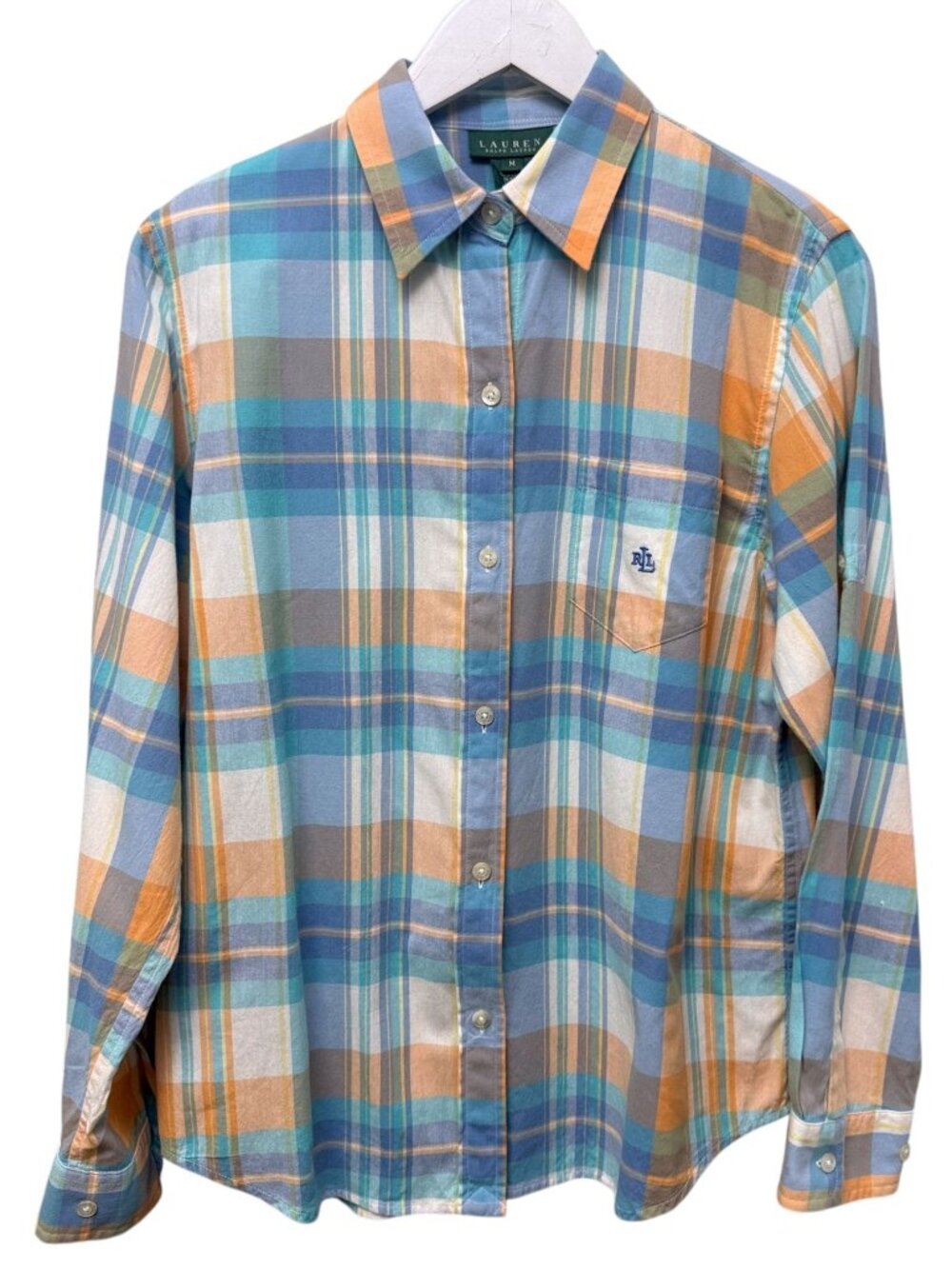 LAUREN RALPH LAUREN Shirt Womens Medium Pastel Madras Plaid Cotton Preppy Top